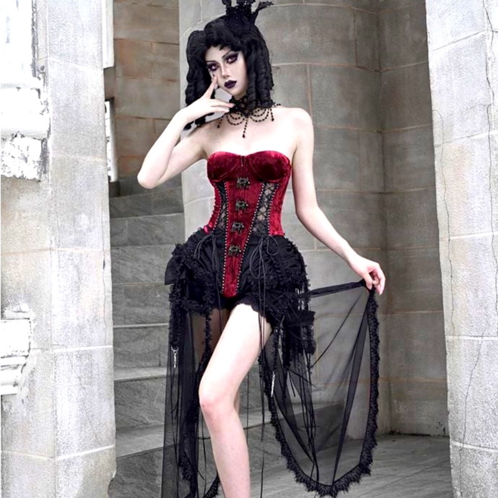 Blood Supply Gothic Black and Wine Red Birdcage Skirt and Bustier Corset Set